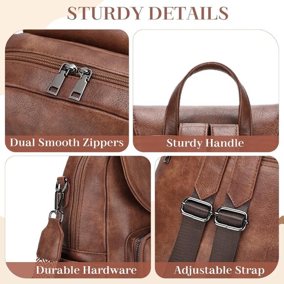 Fashion Brown Vegan Leather Flap Backpack Purse with Guitar Strap for Women main image 5